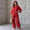 European & American Style Women's Cotton Linen Blend Shirt and Wide Leg Pants Set