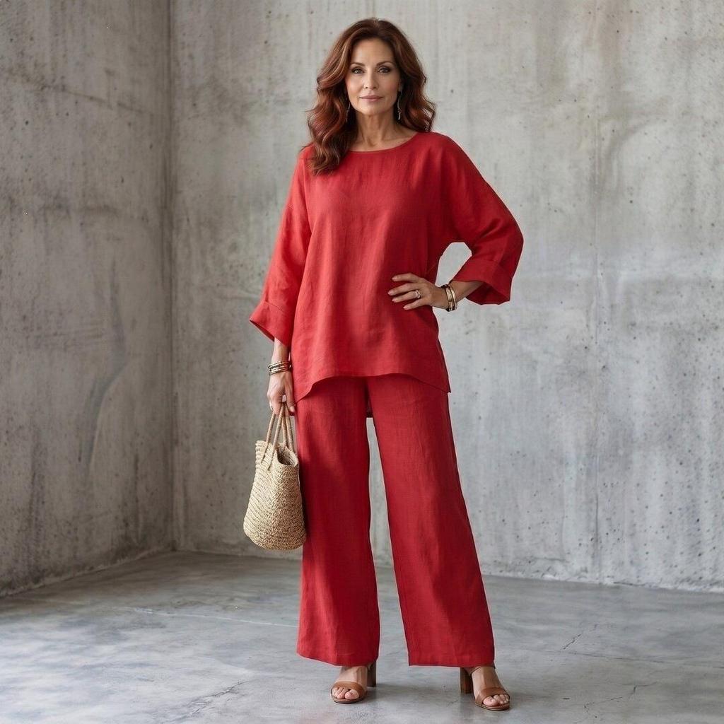 European & American Style Women's Cotton Linen Blend Shirt and Wide Leg Pants Set