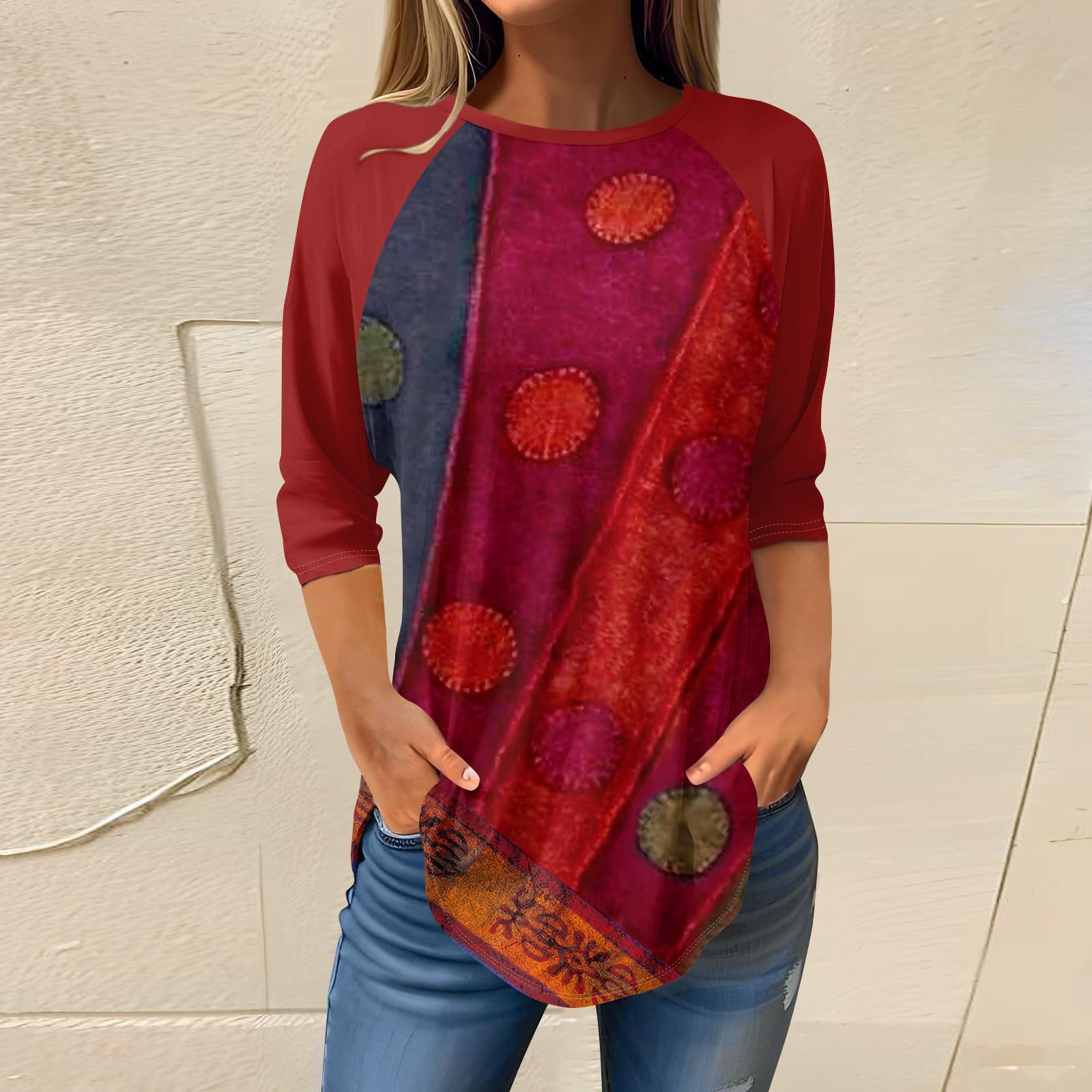 

Женский модный повседневный топ с круглым вырезом и рукавами 3/4 в стиле ретро, ​​яркий принт с кристаллами и реглан XXXL красный