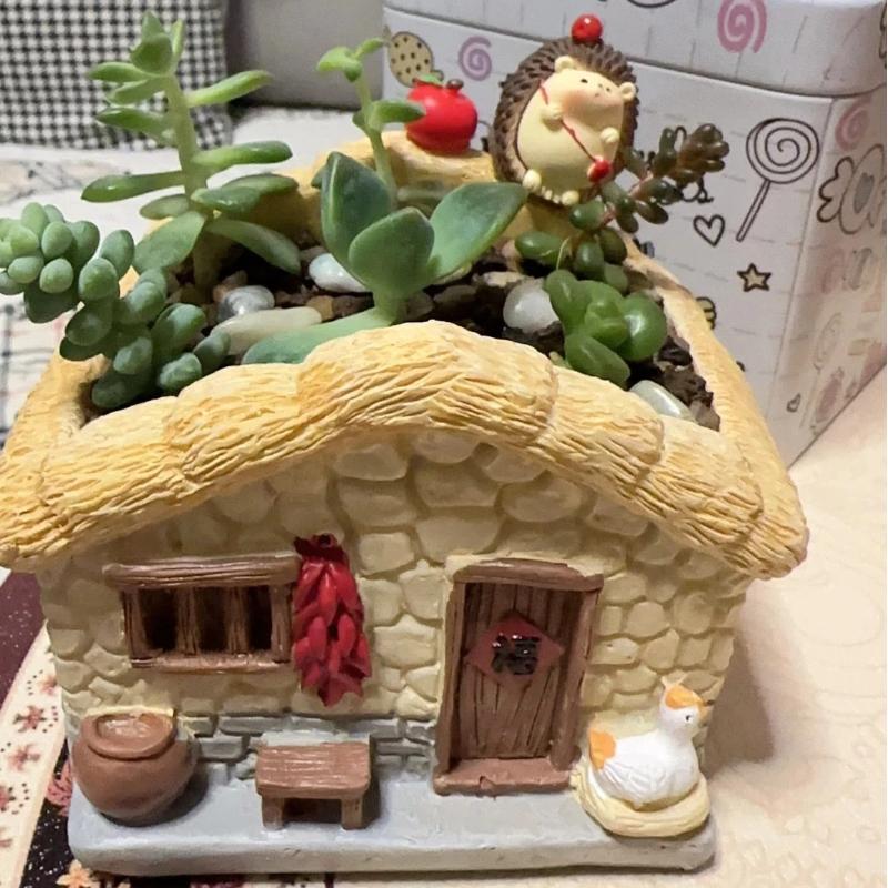 Vintage Rustikaler Harz-Blumentopf Haus für Sukkulente Pflanzen, Mini-Gartendekor im Landhausstil