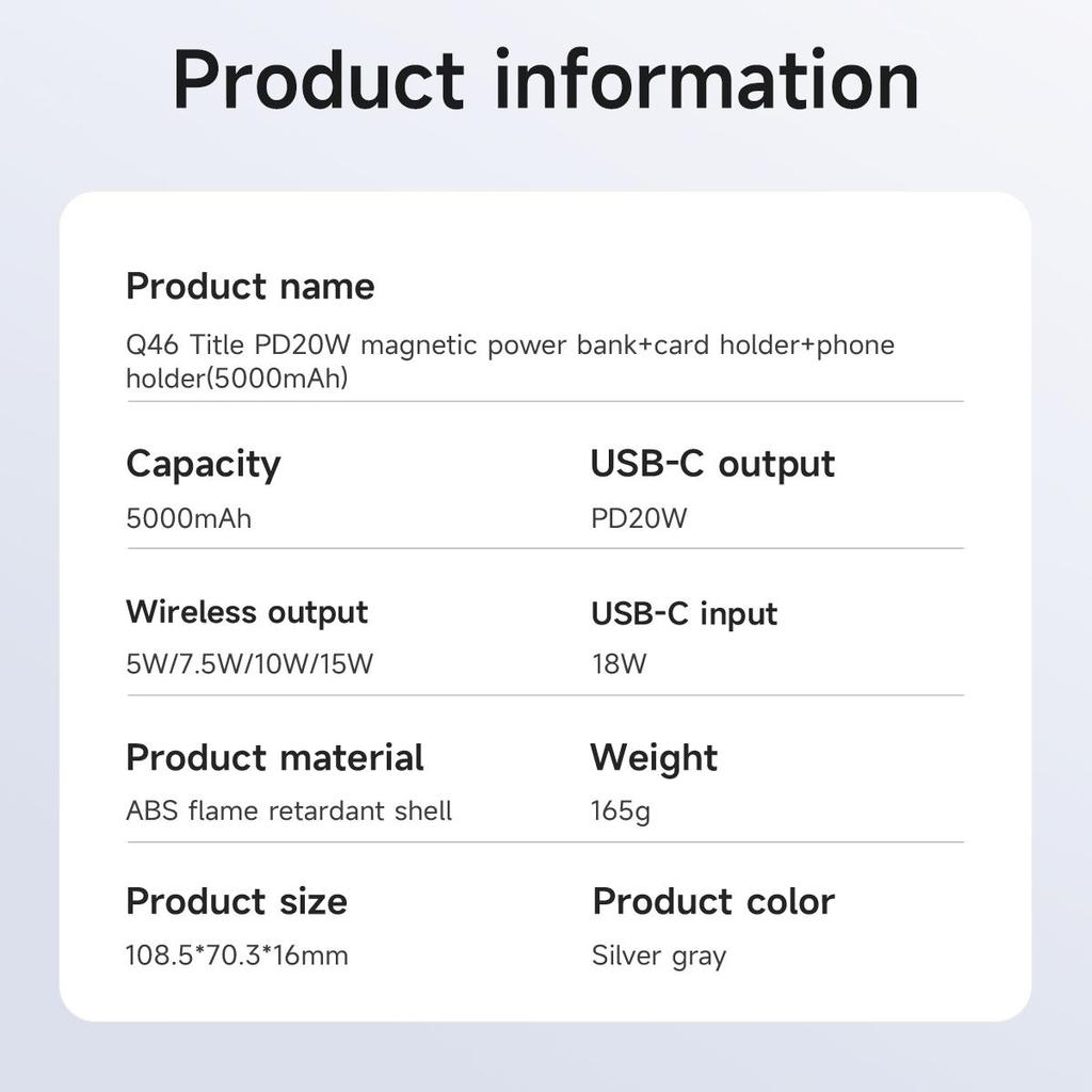 Hoco Q46 5000mAh Magnetic Wireless Power Bank with Card Holder & Stand, PD20W Fast Charging, Compatible with MagSafe