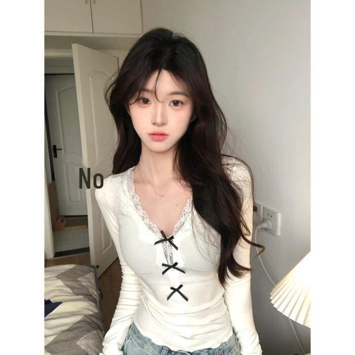 

Sweet & Spicy Long Sleeve Lace Bow T-Shirt – Women s Autumn/Winter Slim Fit Top One Size белый