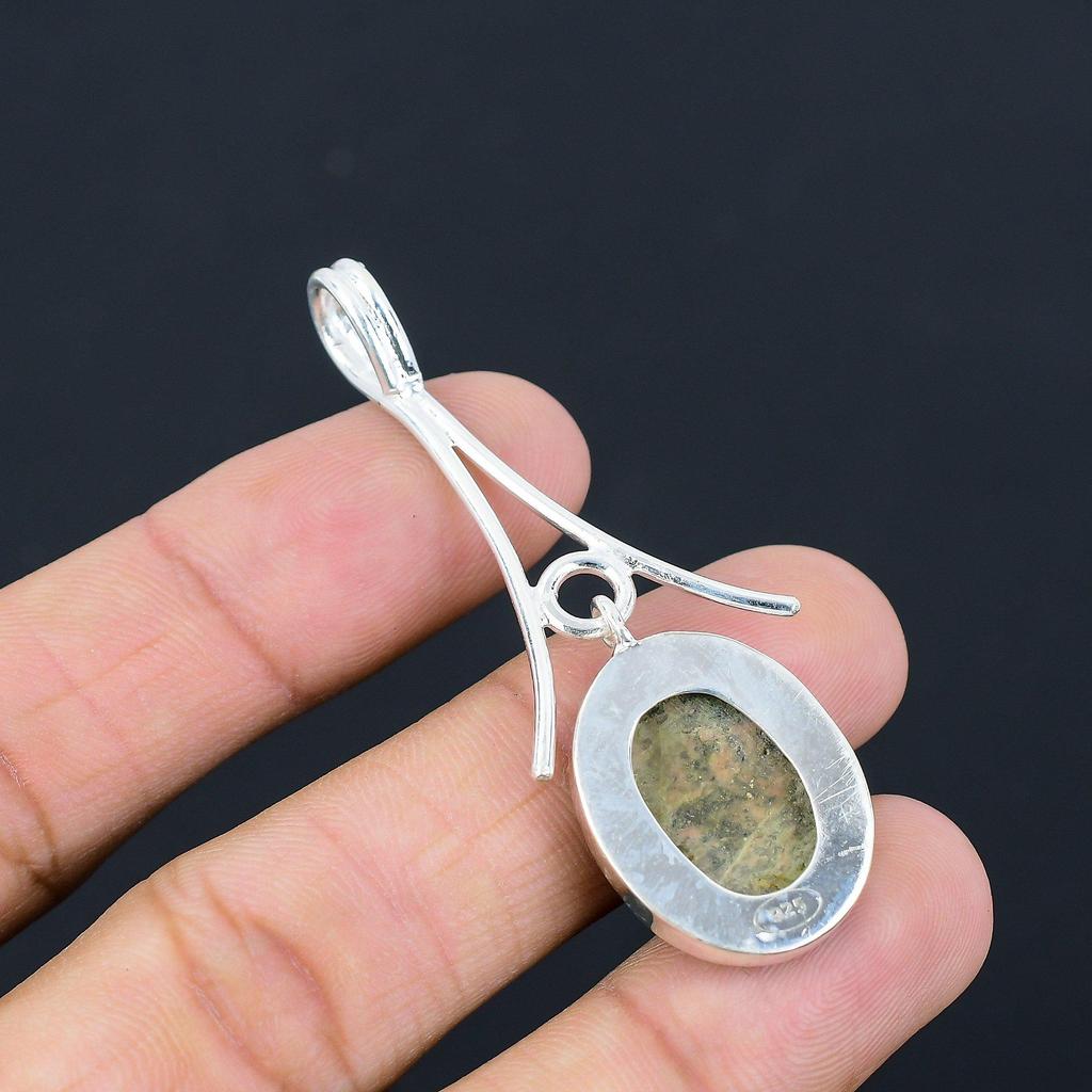 Natural Unakite Gemstone Pendant Green 925 Sterling Silver Indian Jewelry