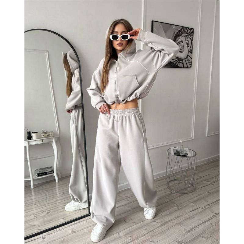 Womens 2-Piece Tracksuit Solid Color Long Sleeve Zip Up Top Elastic Waist Pants Casual Sportswear
