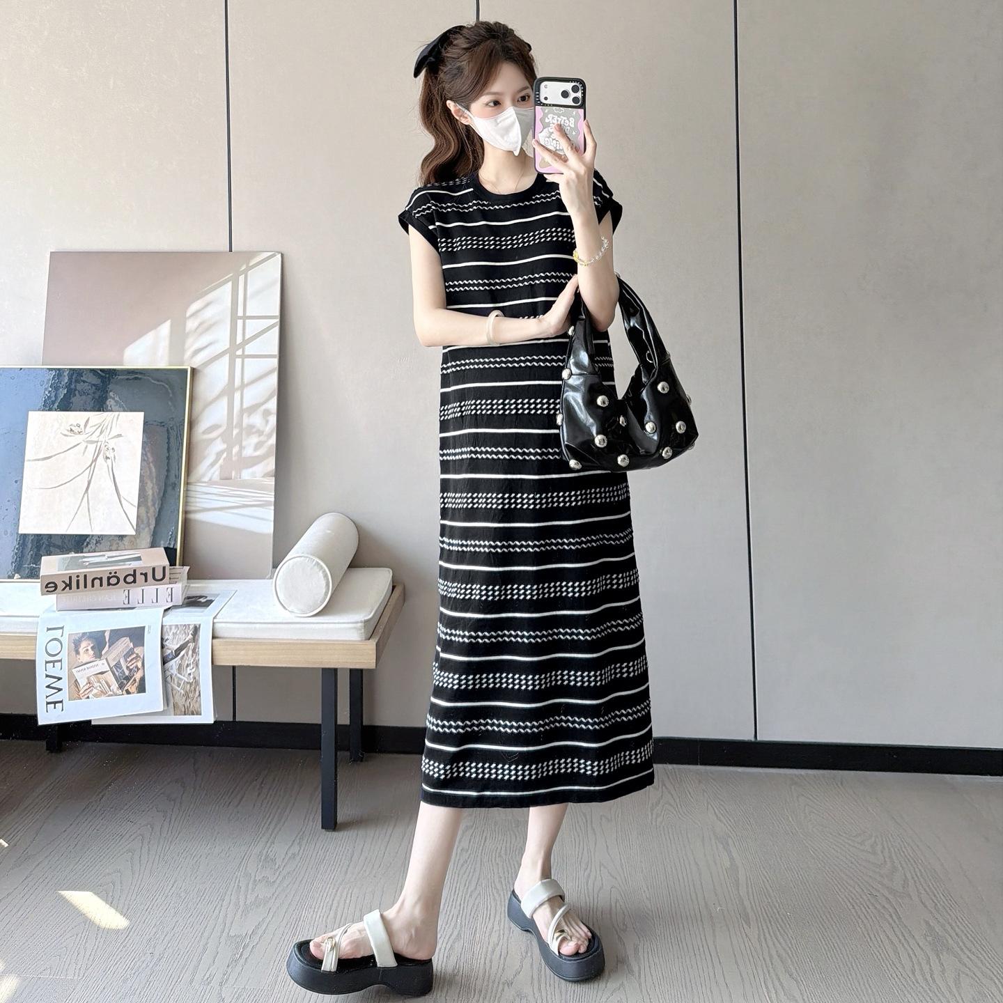 

Maternity Summer Polo Collar Striped Dress, Slim Fit, Ice Silk, Short Sleeve, 2026 Collection Medium чорний
