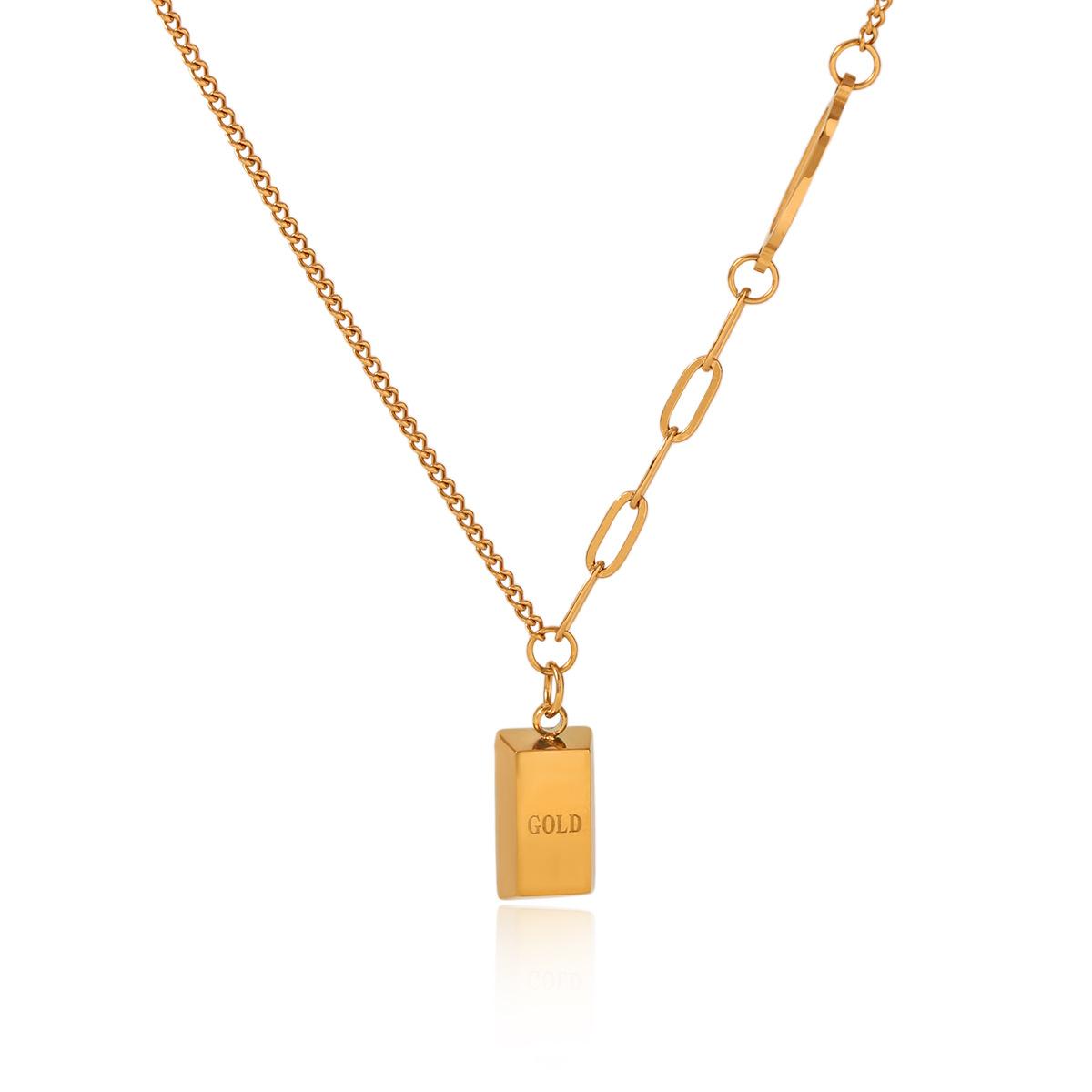 18K Gold Sudden Wealth Small Gold Brick Pendant Stainless Steel Necklace Versatile Titanium Steel Non-fading Neck Jewelry