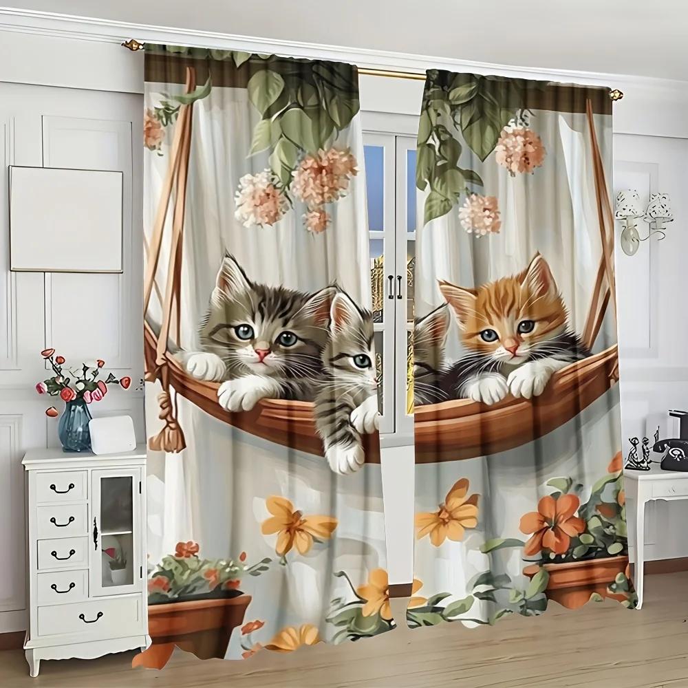 Interesting cat and floral patterns Print Drapes Room Darkening Window Curtains Home Decor,Rod Pocket Blackout Curtains Bedroom