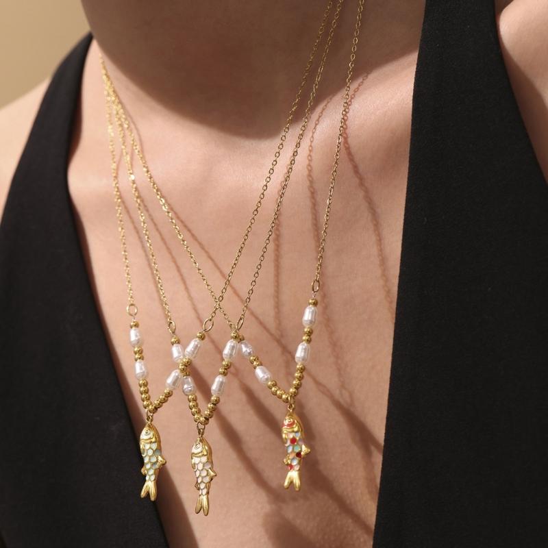 Elegant Pearls Fish Pendant Necklace In Silver Or Gold For Daily Wear And Gift Giving