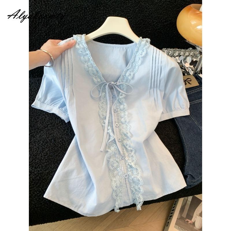 

French Style Summer Women Sweet Blouse V Neck White Blue Lace Patchwork Ribbon Shirt Cotton Feminine Elegant Blouse S синій