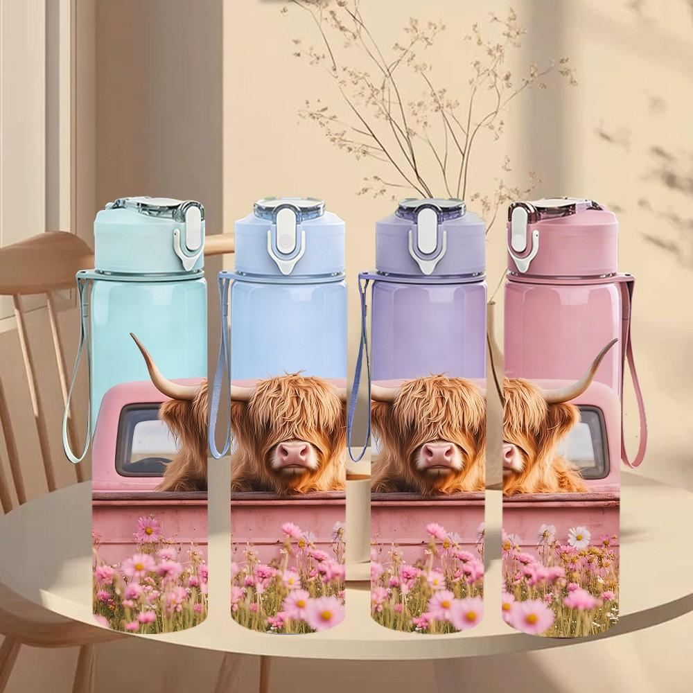 1PC Highland Cow Pink Retro Pickup Truck Art 750ml Color Plastic Sports Water Bottle Leakproof Flip Straw Lid Suitable for Sports Office Home Use