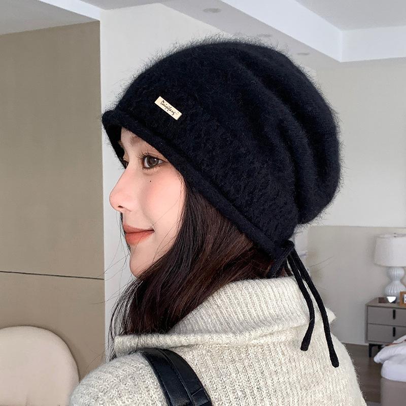 Pile Hats Women's Autumn and Winter Versatile Warm Hemming Knitted Cold Hats Big Head Circumference Showing Face Small Wool Hats