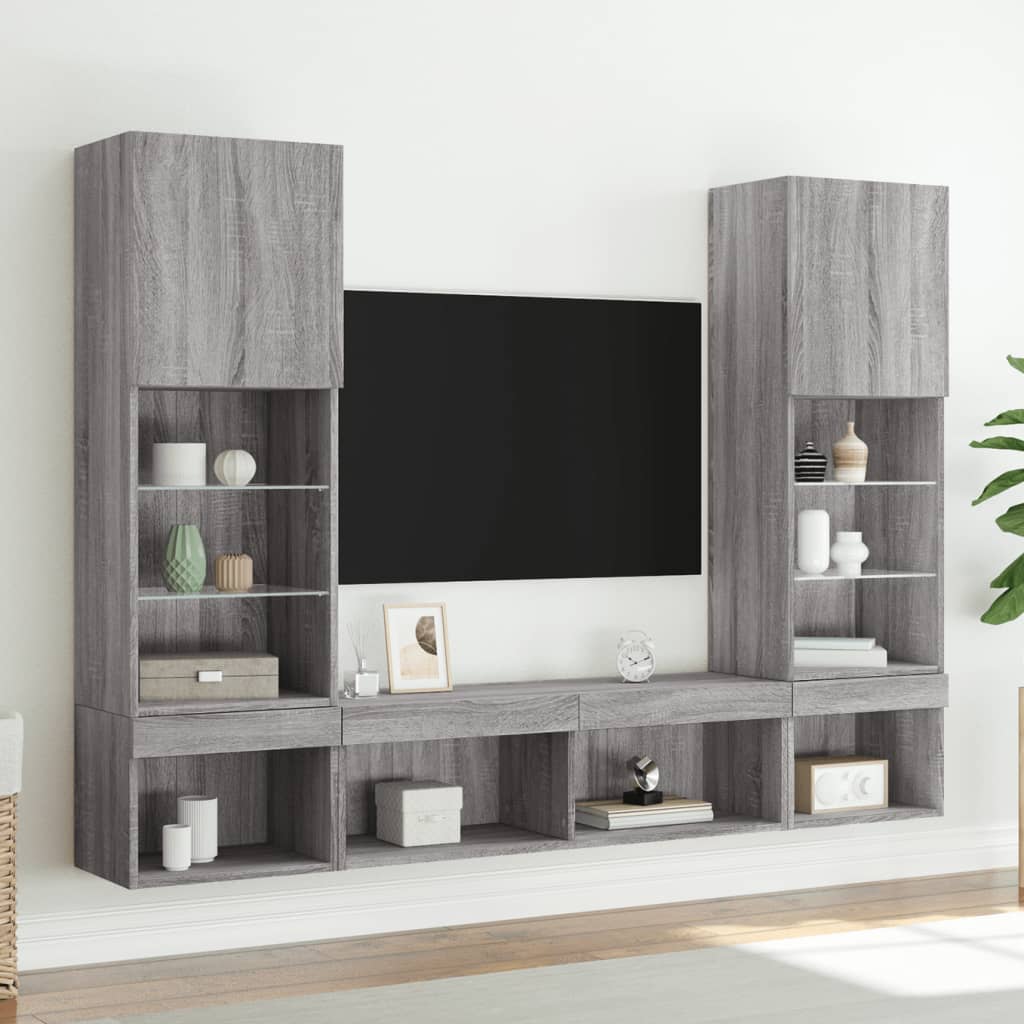 5 piece living wall unit with LED lighting grey Sonoma particleboard