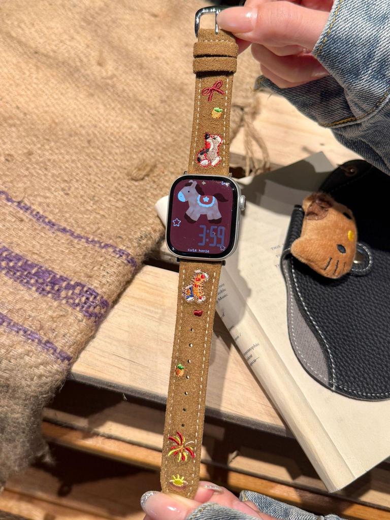 New Year Small Horse Embroidery Velvet Leather Strap for Apple Watch Series 11 10/9/8 Ultra SE