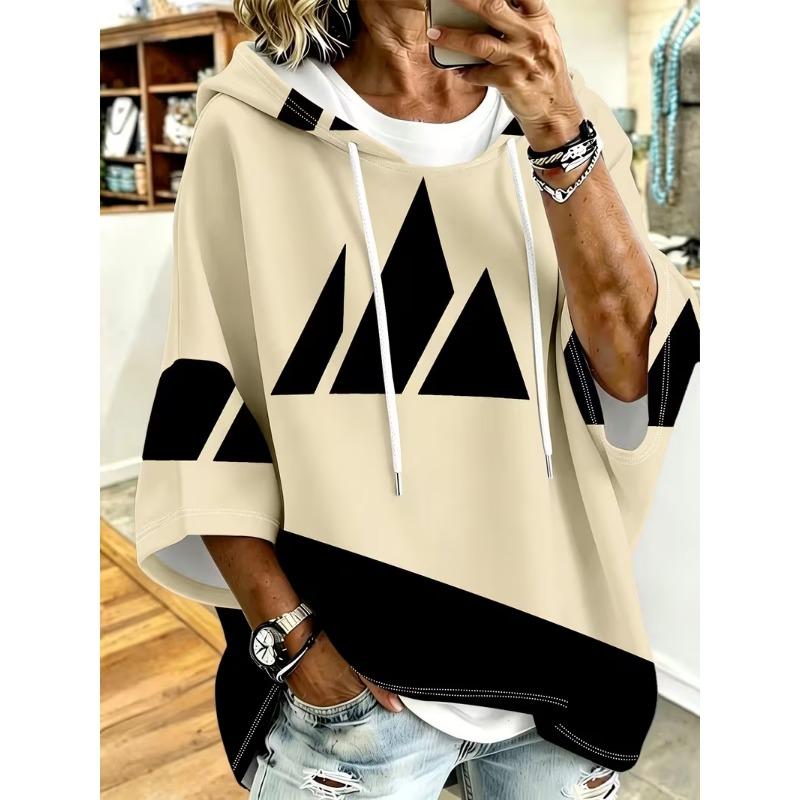 Women Three‑Quarter Sleeves Loose Hoodie Retro Floral Casual Vacation Top