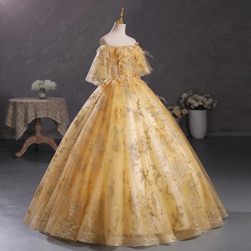 Ein-Wort-Schulter champagnerfarben goldfarben Solo-Tutu Schüler Gesangskunst Prüfung Aufführung Uniform Gastgeber Jahrestagung Abendkleid weiblich