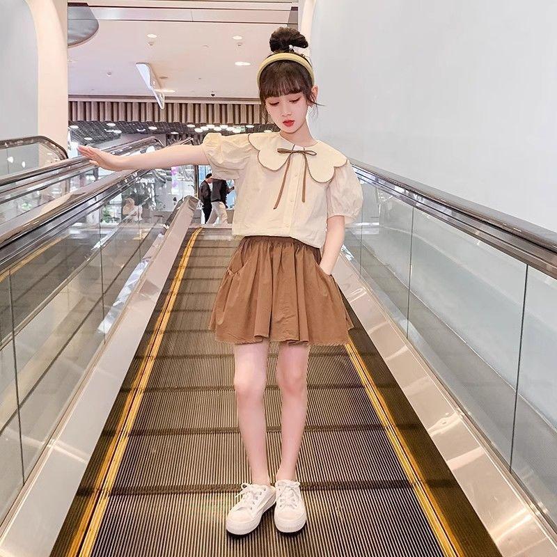 Girls Summer Fashion Two Piece Set Cute Peter Pan Collar Short Sleeve Top And Skirt Trendy Kids Clothing