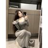 Pure lace splicing long-sleeved dress women's autumn slim-fitting inner skirt gray waist fishtail hip-wrapped long dress
