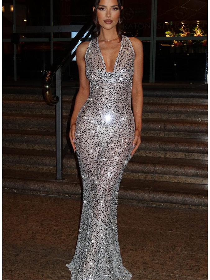 2024 Winter Women's Fashion Sequin Halter Deep V Bodycon Dress - Sexy Slimming Micro Backless Long Dress