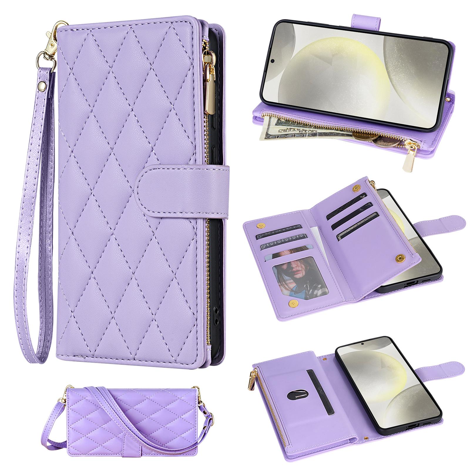 

For Samsung Galaxy S25 Edge Case Rhombus Stitching Leather Wallet Phone Cover with Long/Short Strap Light Purple