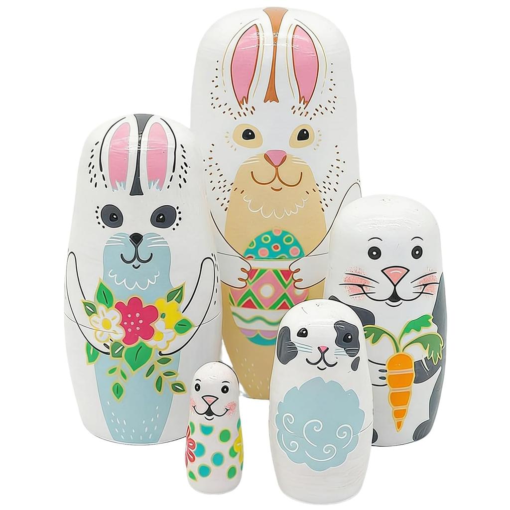 5 Pcs Easter Nesting Dolls Rabbit Family Nesting Dolls for Kids Wooden Dolls for Boy Girl Home Bedroom Playroom Spring Birthday