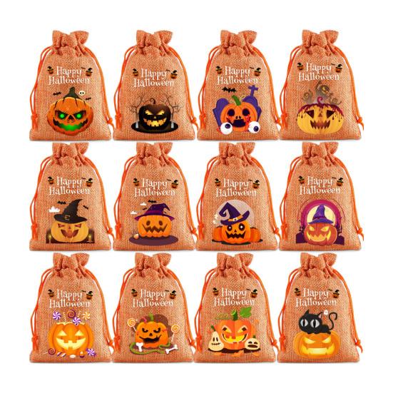 12Pcs Halloween Pumpkin Burlap Gift Bags Small Drawstring Goodie Treat Bag Halloween Linen Jute Candy Bag for Kids Trick or Treat Party Supplies