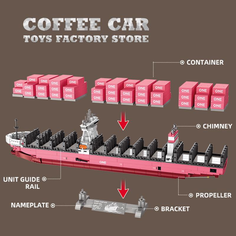 Non-Toxic Diy 3D Bricks Puzzle Pink Cargo Ship 1446Pcs Container Boat Assembly Model Kits Vessels Building Blocks Toys Adult Birthday Gift