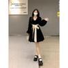 Plus Size Velvet French Lace-Up Bow Long Black Dress