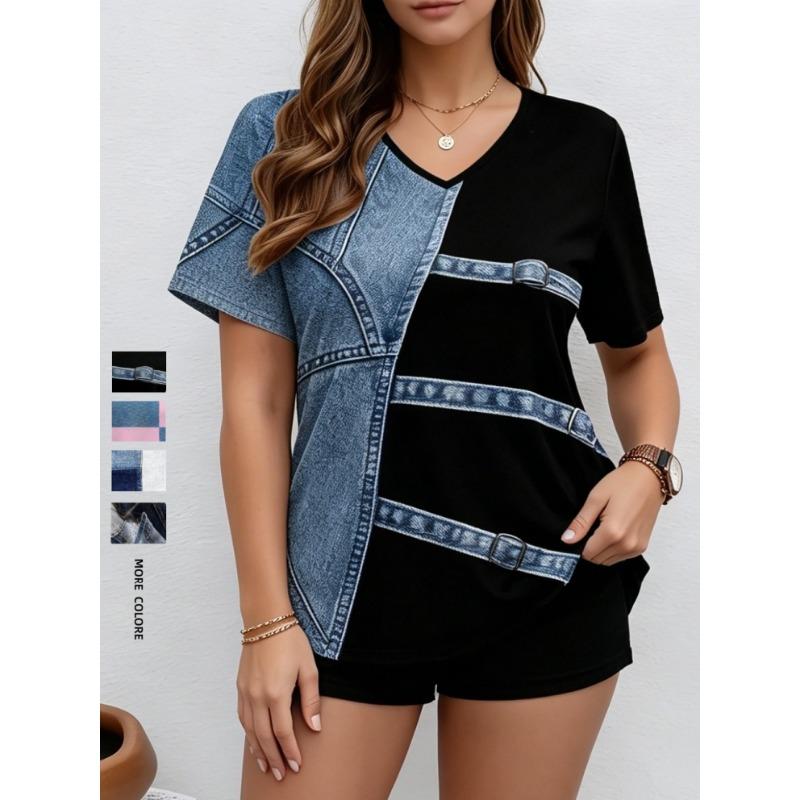 Women s T-shirt Retro T-shirt Summer Clothing Denim 3D Printed Top Large V-neck Street Casual Sports Loose Tops S