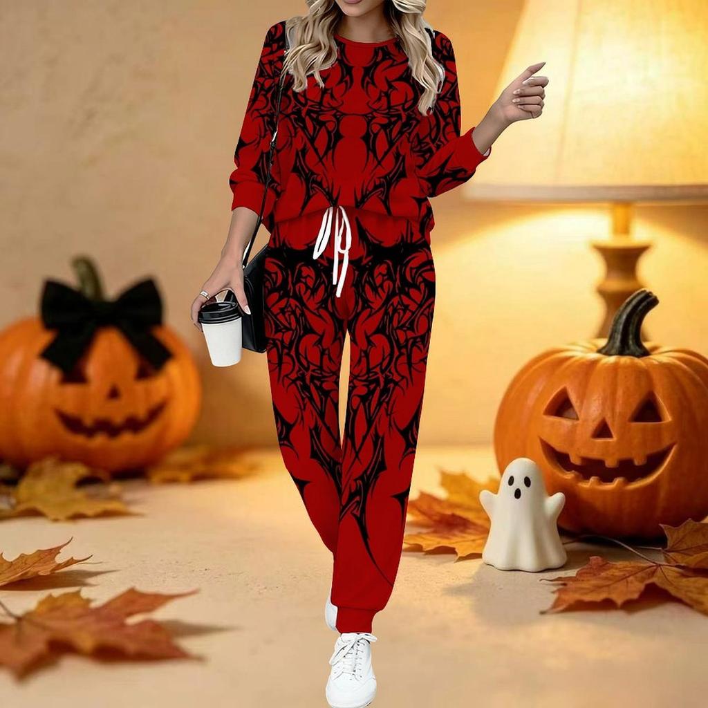 Women Halloween Print Two Piece Outfit, Long Sleeve Crew Neck Top & Drawstring Jogger Pants Casual Tracksuit for Spring Autumn
