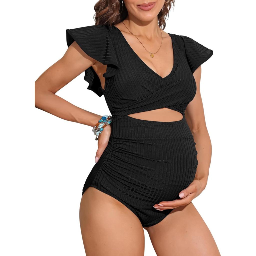 CHARMLEAKS Maternity Swimsuit Ribbed One Piece Ruffle Sleeve Bathing Suit Ruched Cut-Out Tie Knot Pregnancy Swimwear