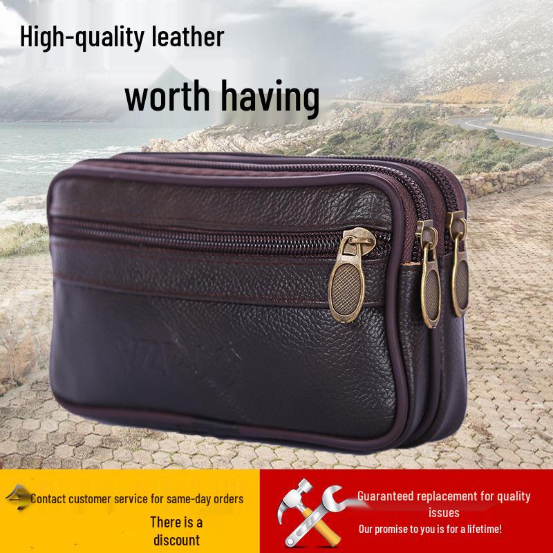 Men's Waterproof Leather Waist Bag with Coin & Key Compartments