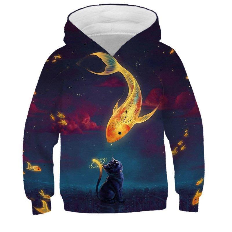 Autumn 3D Cat Printed Hoodies Fashionable Casual Sports Long Sleeved Children's Boy Hooded Sweatshirts
