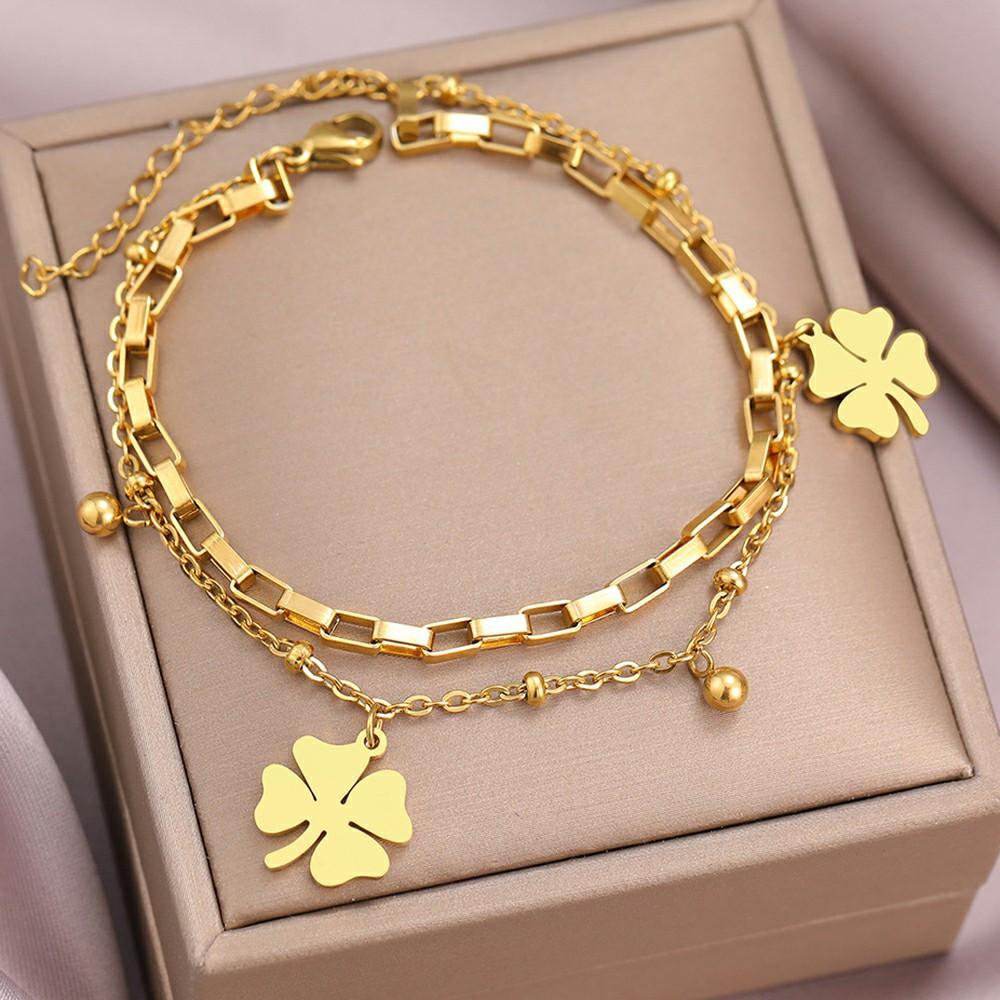 Women's Fashion DIY Double layer Stainless Steel Four Leaf Flower Bracelet Zircon Suitable for Date, Party, Festival Gifts