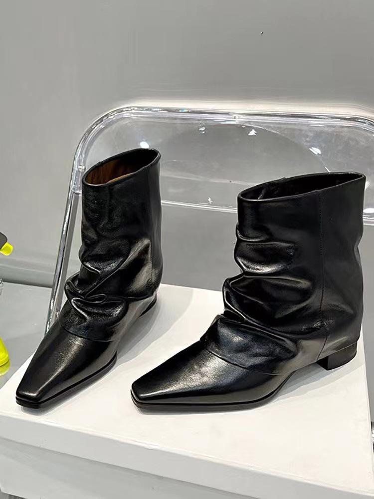 Versatile niche early summer flanged short tube linen cotton pleated short boots square head middle heel thin leg stacking boots