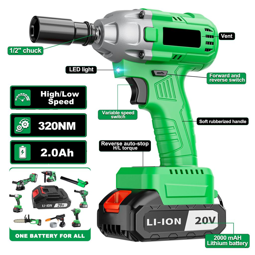 20V Cordless Impact Wrench DIY Grade Electric with 320Nm Max Torque Battery Powered Car Support Local EU Warehouse Drop Shipping