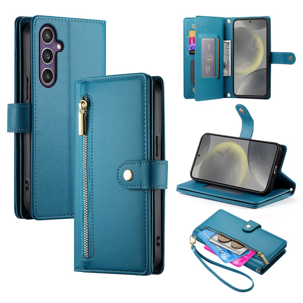 For Samsung Galaxy S25 Case Zipper Pocket Wallet Leather Phone Cover with Straps