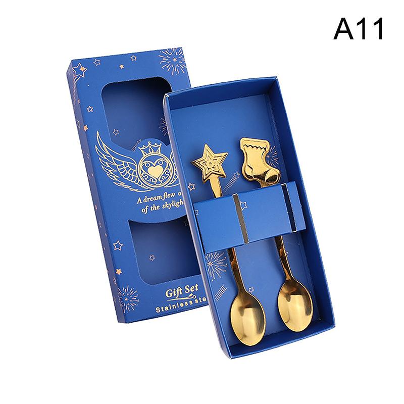 Christmas Spoons Set Portable Travel Use Stainless Steel Santa Claus Elk Snowman Dessert Soup Spoon Xmas Tableware