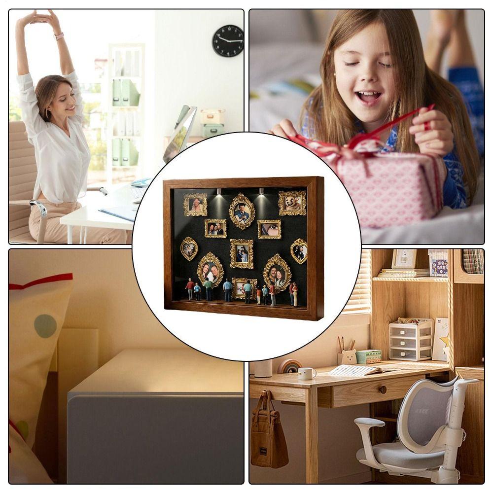 Światło LED DIY Mini Muzeum Pudełko z Sylwetką Miniaturowa Ramka na Zdjęcia Biurkowa 8 Mini Figurek Zestaw do Prezentacji Wspomnień Złote Ramki Ramka na Zdjęcia