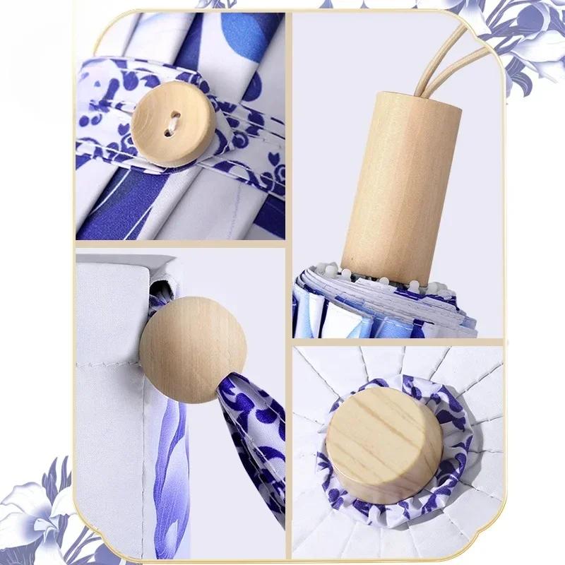 New 16-Rib Windproof Umbrella UPF50+ Sun & Rain Protection, Chinoiserie Series Design with Handcrafted Wood Handle & Flor