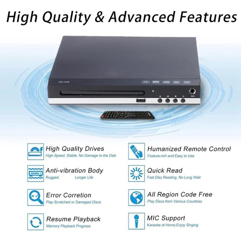Home DVDs Player 1080P HDMIs USB Input 4K UHD DVDs Player Remotes Control Supports DVD±RW VCD Karaokes All RegionsFree