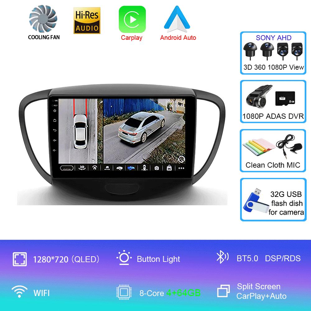 Car Radio Android 14 Carplay Auto For Hyundai I10 2007 - 2013 GPS Recorder Multimedia video Player 4G+WiFi DSP
