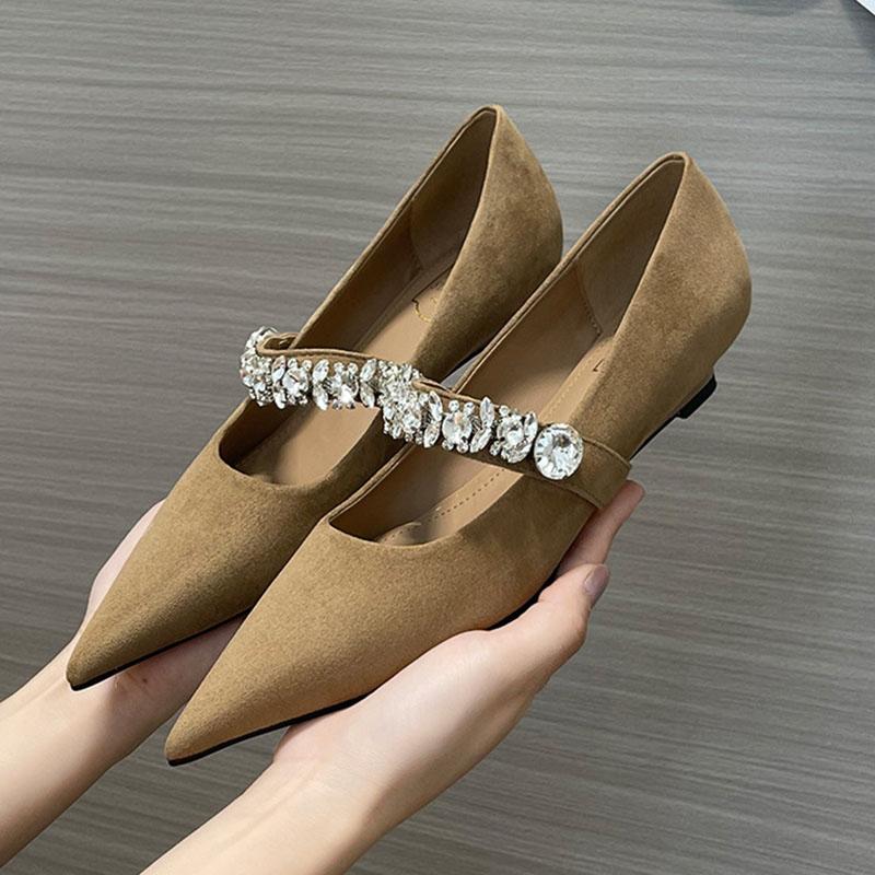 2025 New Fashionable and Versatile Solid Color Pointed Toe Women's Single Shoes with Rhinestone Decoration Slip-on Women's Shoes