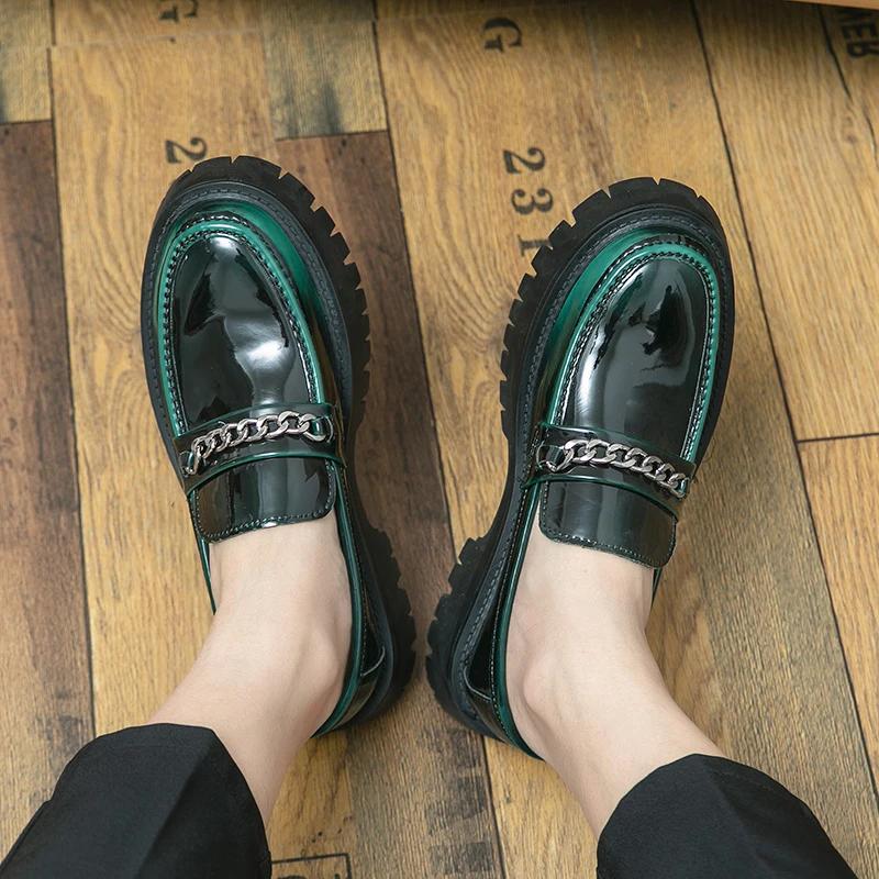 Spring Thick Sole Leather Shoes Metal Chain Loafers Round Head High Quality Slip-ons Business Formal Shoes Male Casual Moccasins