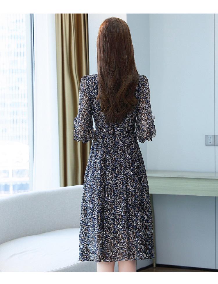 New Autumn Slim Floral Chiffon Dress for Women - Fashionable & Elegant Mid-Length Style