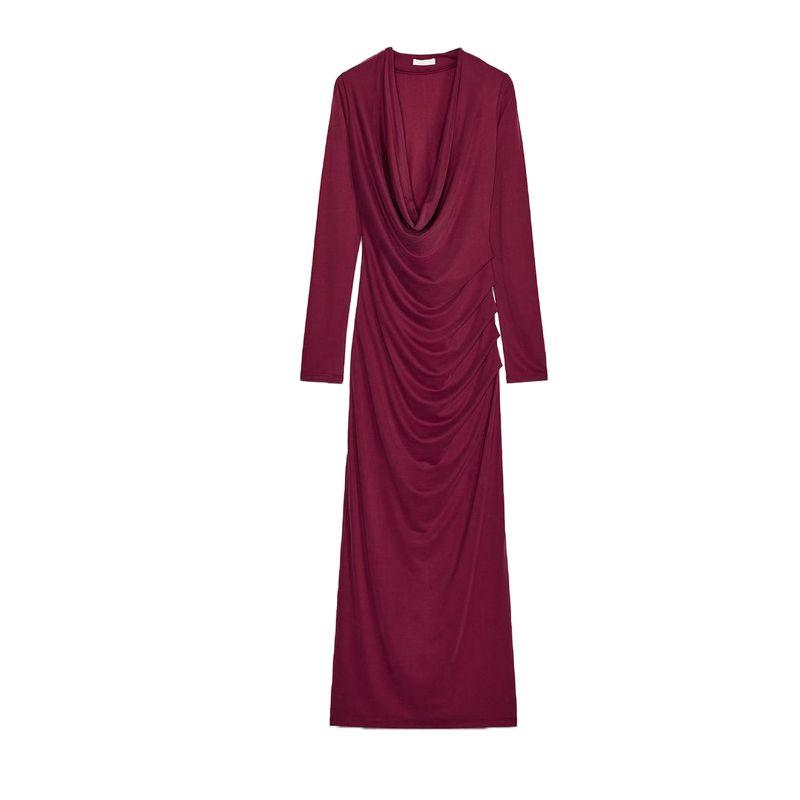 

Spring New Women clothes Slim fit Pleated Collar Long sleeve Temperament Elegant Long Midi Dress 5063330 Red L