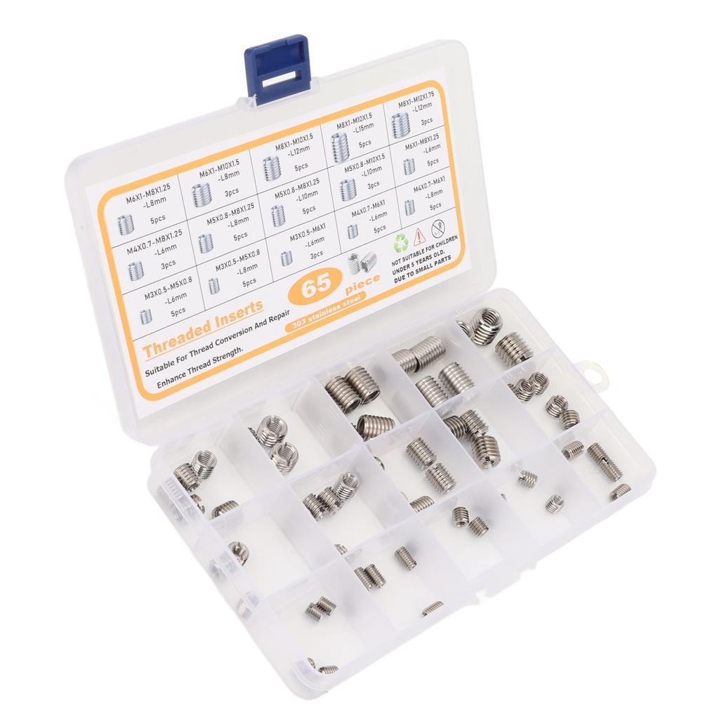 65PCS Threaded Insert Assortment Kit 303 Stainless Steel Thread Repair Sleeves Reducing Nuts
