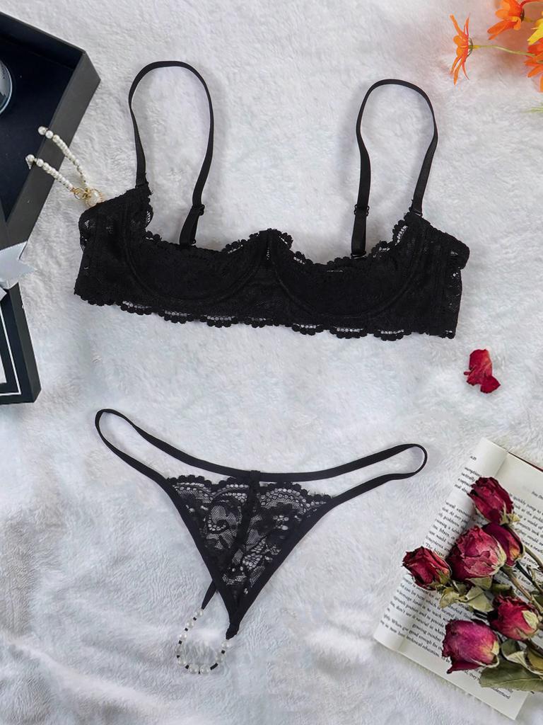 Sexy Black Lace Bare Chest Nipple Bra Gather Pure Desire Perspective Open Crotch Thong Underwear Suit Women