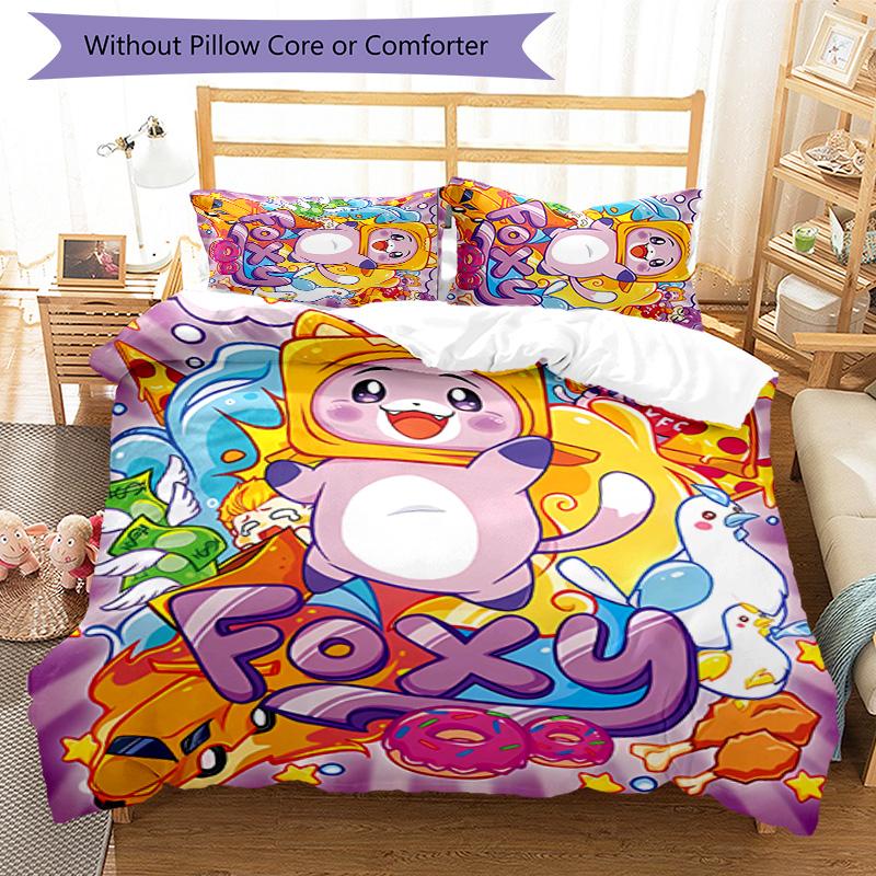 3pcs Lankybox Foxy and Rocky Pattern Bedding Set Duvet Cover Set Includes Duvet Cover &pillowcases, Perfect All Season Bedroom Decoration & Gift