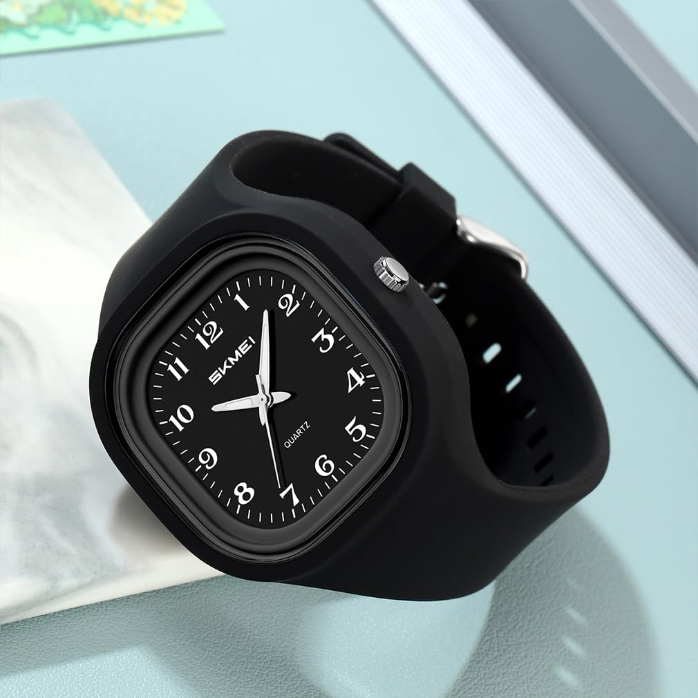 Square Silicone Arabic Perfect Gift for High School Black Women's Wristwatch, Waterproof, Sporty, Cute, Simple, Stylish, Casual, Numerals,