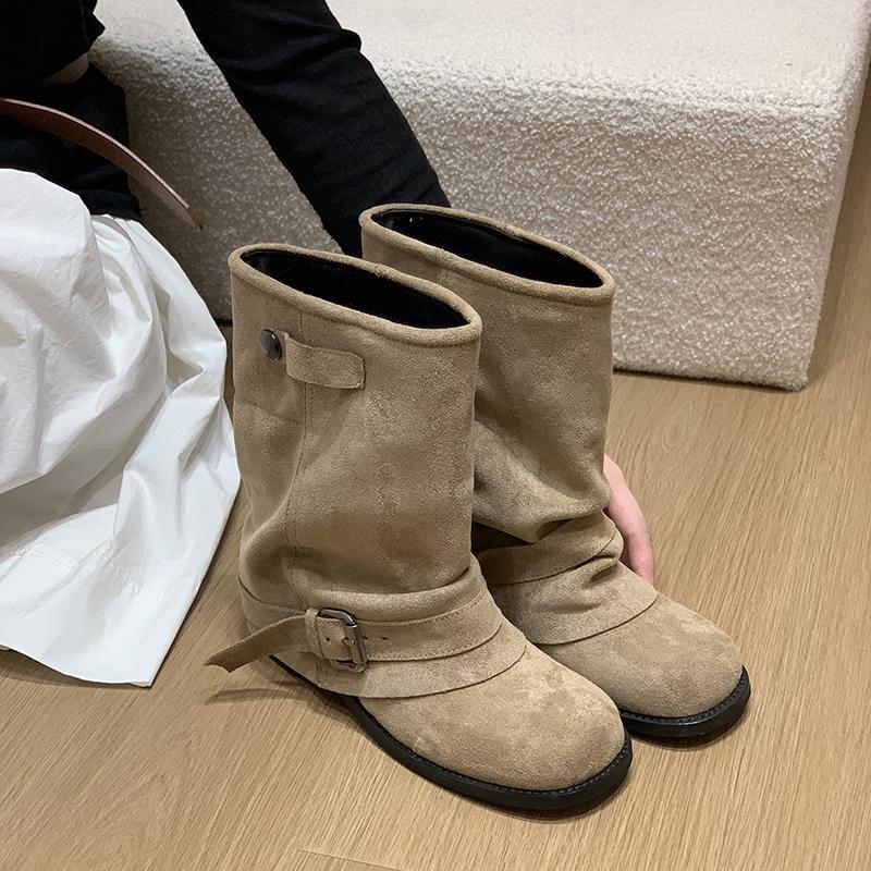 Autumn Vintage Pleated Women Western Ankle Boots Fashion Belt Buckle Thick Heel Shoes Ladies Elegant Party Dress Short Booties